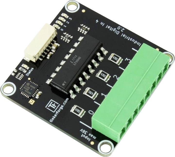Elektroniczna płytka drukowana z różnymi złączami i chipem IC. Widoczny napis 'Industrial Digital In 4'.