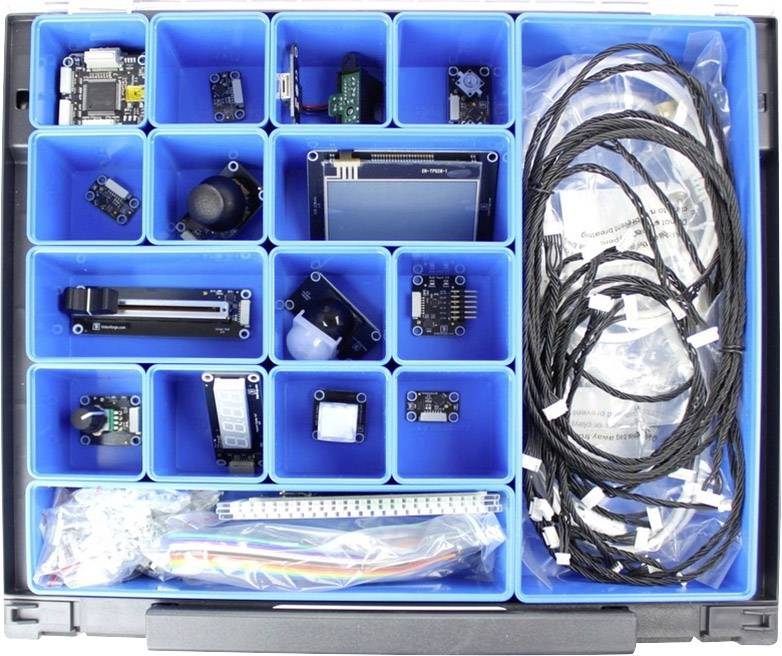 Zestaw elektroniczny z różnymi modułami, czujnikami i przewodami w walizce, odpowiedni do projektów majsterkowiczów i tworzenia prototypów.