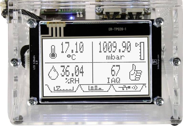 Elektroniczny wyświetlacz pokazuje temperaturę (17,10 °C), ciśnienie atmosferyczne (1009,99 mbar), wilgotność powietrza (36,04% RH) oraz jakość powietrza (IAQ 67).