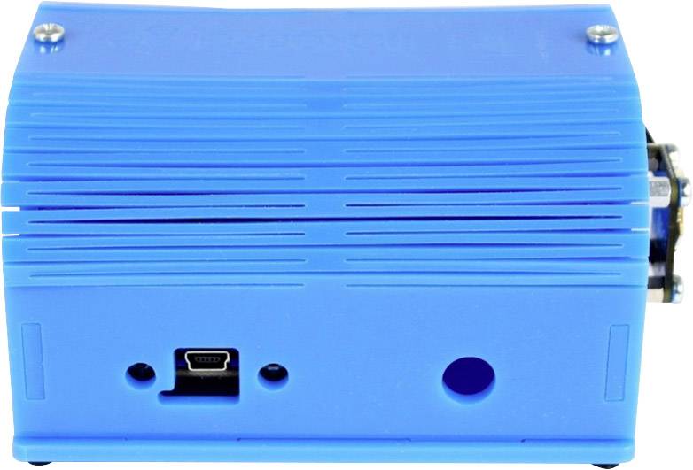 Niebieskie urządzenie elektroniczne z otworami wentylacyjnymi i złączem USB, prawdopodobnie przeznaczone do zastosowań technicznych lub komputerowych.