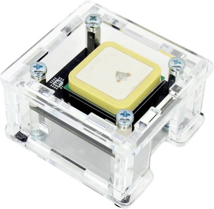 Mały, przezroczysty pojemnik z tworzywa sztucznego z kwadratowym, żółtym elementem przełączającym pośrodku, otoczonym śrubami.