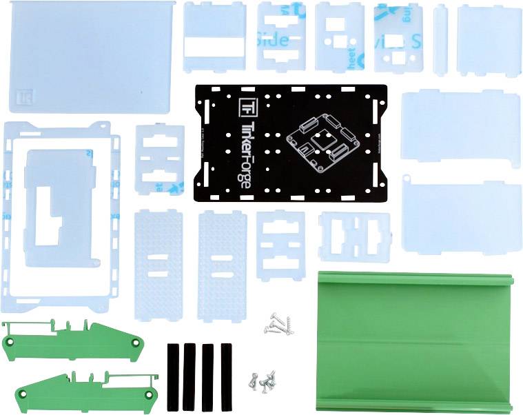 Zestaw składający się z różnych elementów akrylowych, śrub i zielonej osłony z tworzywa sztucznego, które razem tworzą określoną strukturę.