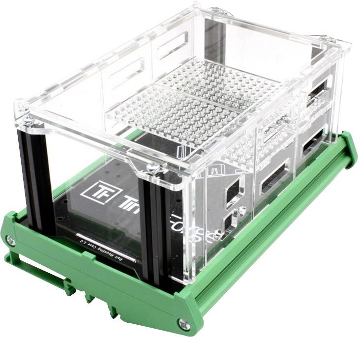 Przezroczysty pojemnik z pleksiglasu z zieloną podstawą, zawierający komponenty elektroniczne.