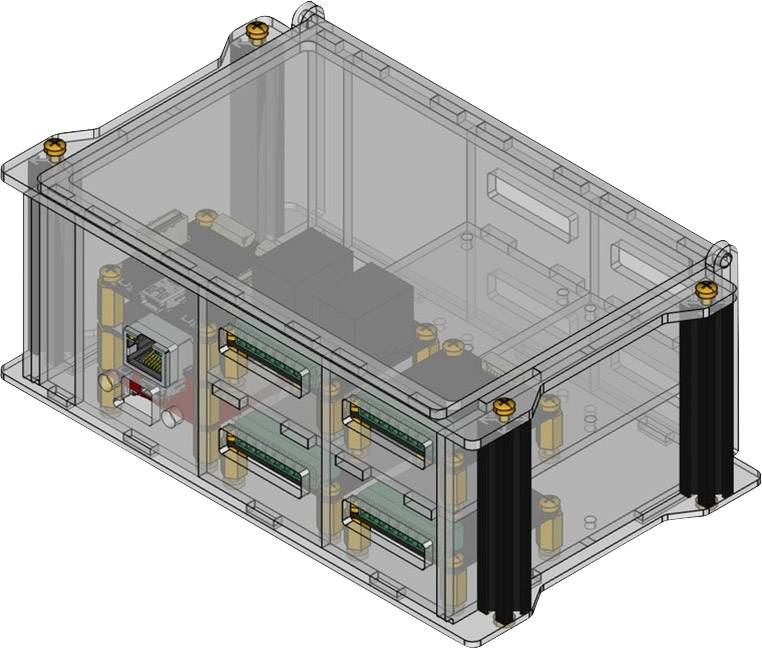 Elektroniczna obudowa, prezentująca modułowe sloty i złącza. Przezroczyste przedstawienie, umożliwiające wgląd w wewnętrzne komponenty.