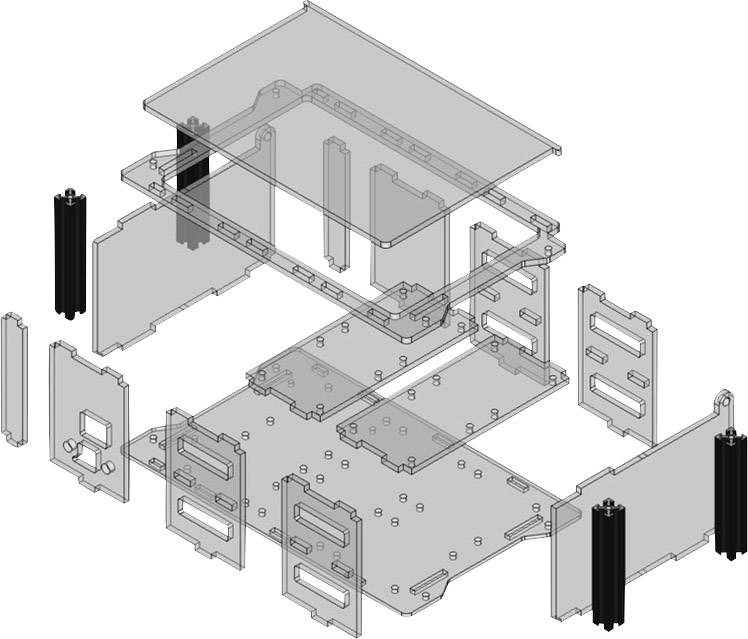 Rysunek rozstrzelony obudowy komputera, przedstawiający poszczególne przezroczyste elementy, które należy zmontować, z widocznymi punktami mocowania.