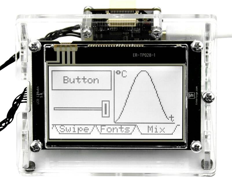 Elektroniczny wyświetlacz prezentuje graficzny interfejs użytkownika z przyciskiem, diagramem temperatury w stopniach Celsjusza oraz opcjami sterowania.