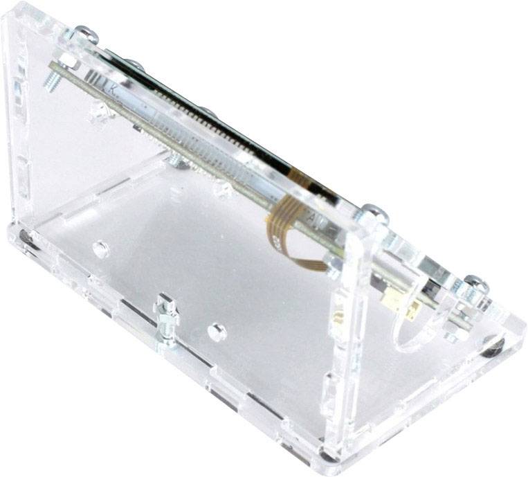 Przezroczysty, skośnie ustawiony stojak akrylowy do Raspberry Pi, zapewniający stabilne i wyniesione mocowanie urządzenia.