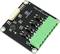 Czarna elektroniczna płytka drukowana z zieloną listwą złączy i kilkoma czarnymi mikroukładami. Opisana jako 'Przemysłowy Przełącznik Przekaźnikowy 4-kanałowy 2.0'.