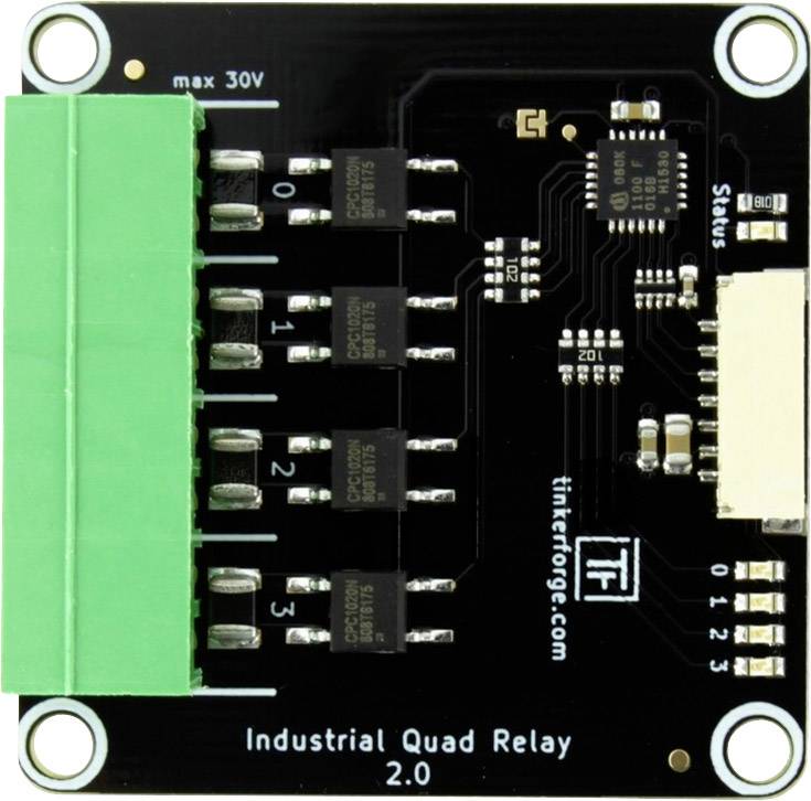 Przemysłowa płytka przekaźnikowa Quad 2.0 z czterema przekaźnikami i diodami LED statusu; maksymalne napięcie 30V; do elektronicznych obwodów sterujących.