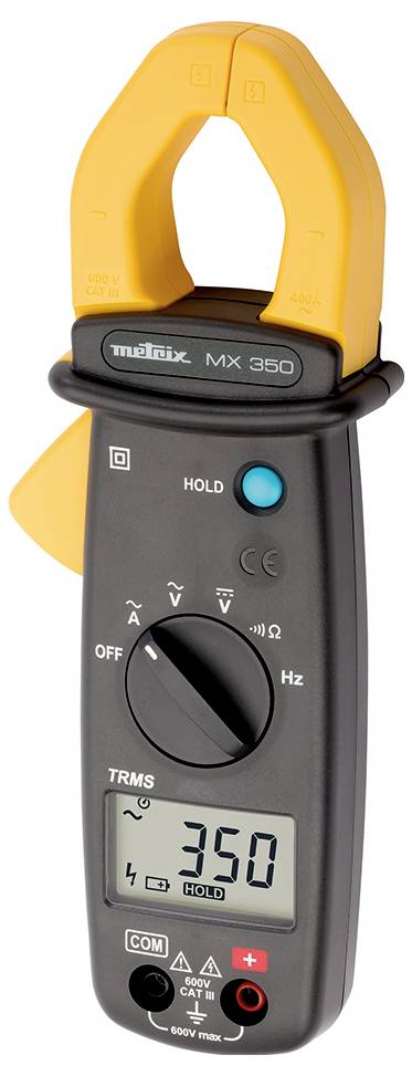 Cyfrowy multimetr cęgowy wyświetla wartość '350' na ekranie. Posiada pokrętło wyboru zakresu i pomarańczowe szczęki pomiarowe.