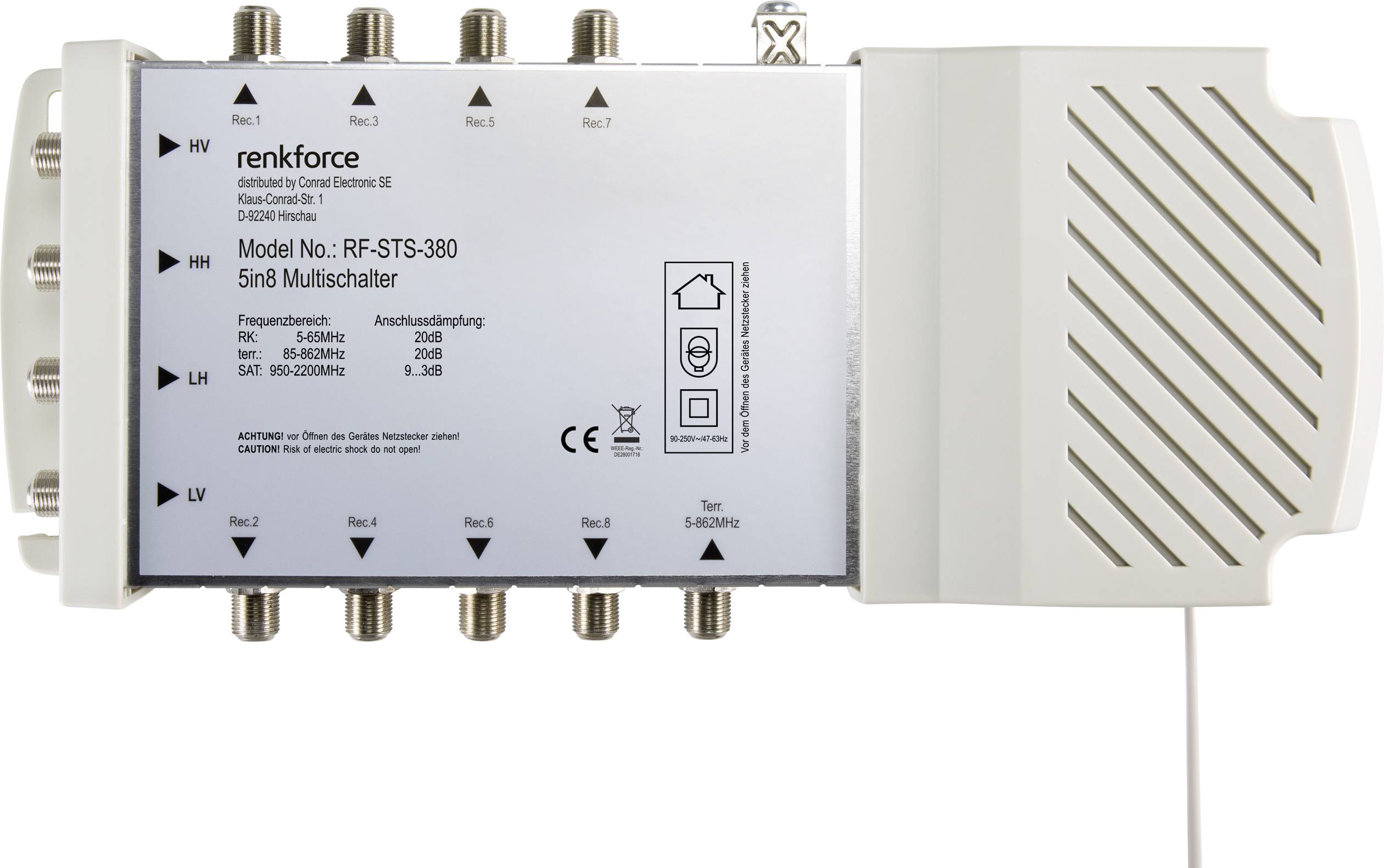 Multischalter o ośmiu wejściach dla wzmacniacza odbiorczego; Model RF-STS-380 firmy Renkforce. Zawiera informacje o zakresach częstotliwości.