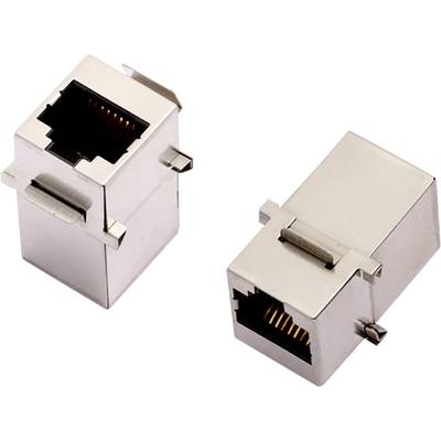 'Dwie metalowe złączki RJ45 do kabli sieciowych, odpowiednie do łączenia kabli Ethernet w instalacjach sieciowych.'