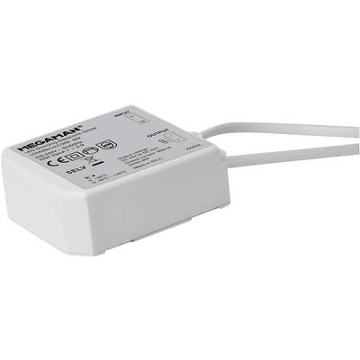Sterownik LED firmy Megaman z parametrami technicznymi i oznaczeniami, przeznaczony do zastosowań oświetleniowych.