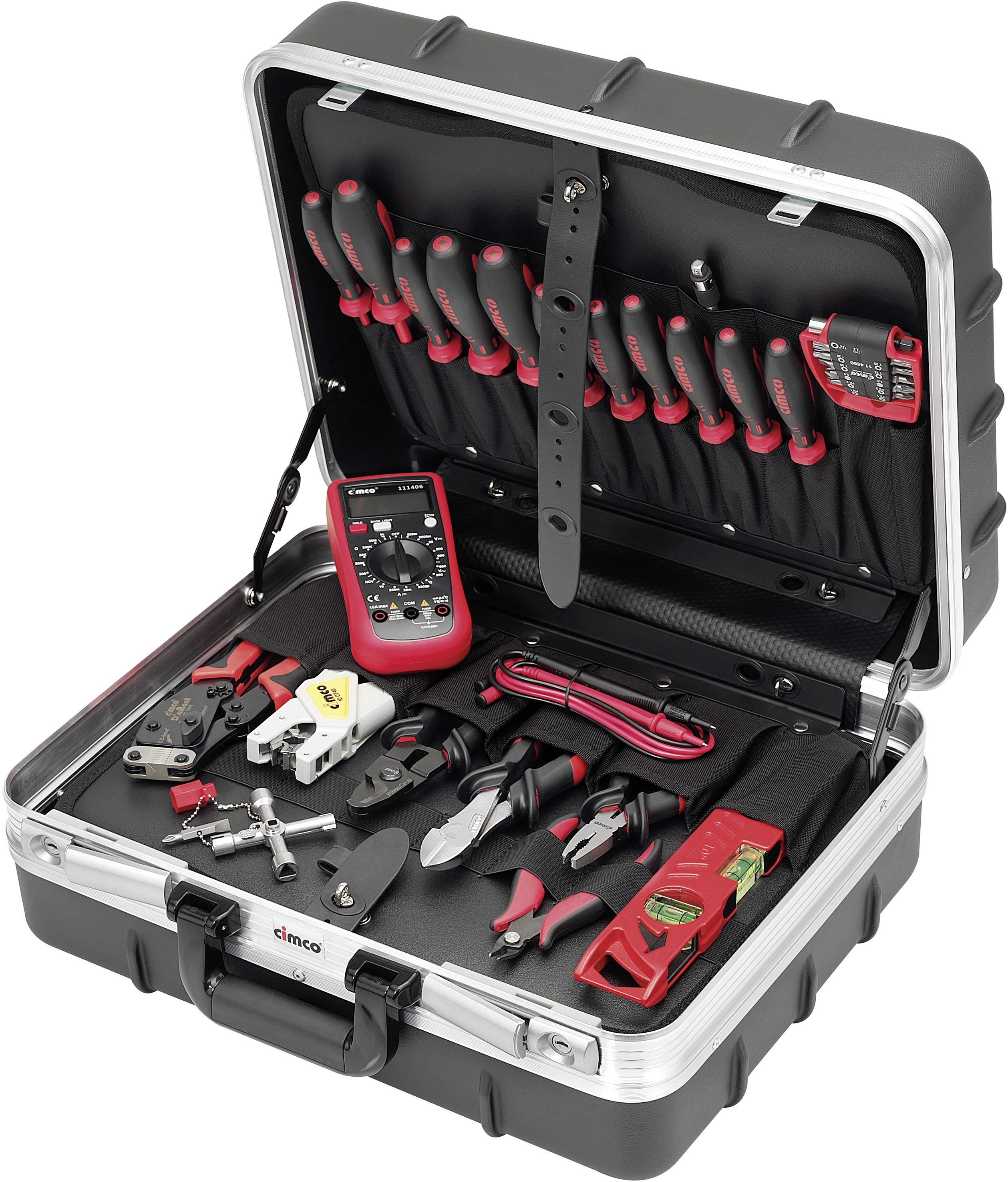 Czarny kufer narzędziowy z otwartą pokrywą, prezentujący różne narzędzia ręczne, takie jak śrubokręty, szczypce, multimetr i zaciski.