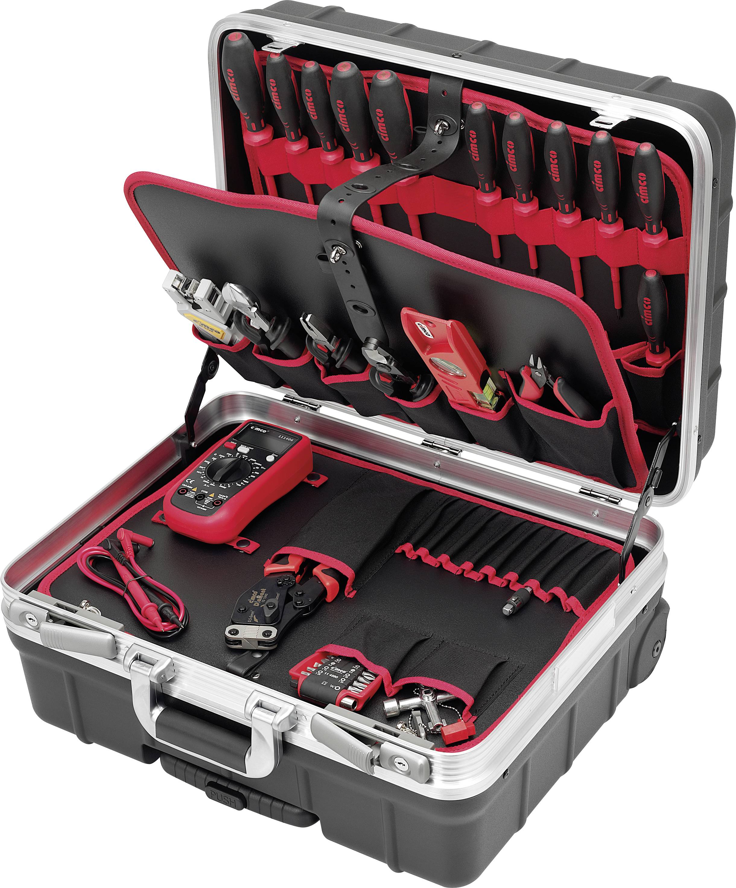 Otwarty kufer z narzędziami prezentuje starannie ułożony zestaw wkrętaków, szczypiec i multimetru, gotowych do użycia.