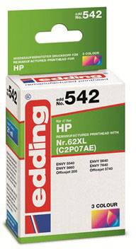 Edding ink Replacement HP 62XL, C2P07AE replacement Cyan, Magenta, Yellow EDD-542 18-542