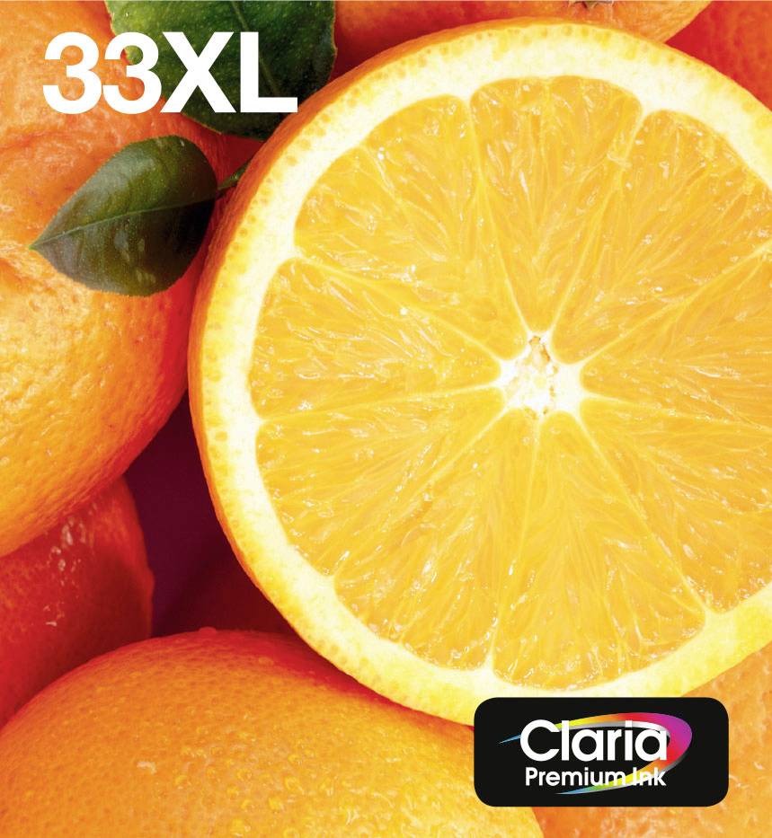 Pomarańcze i połowa owocu. Tekst '33XL' i 'Claria Premium Ink' w rogu.