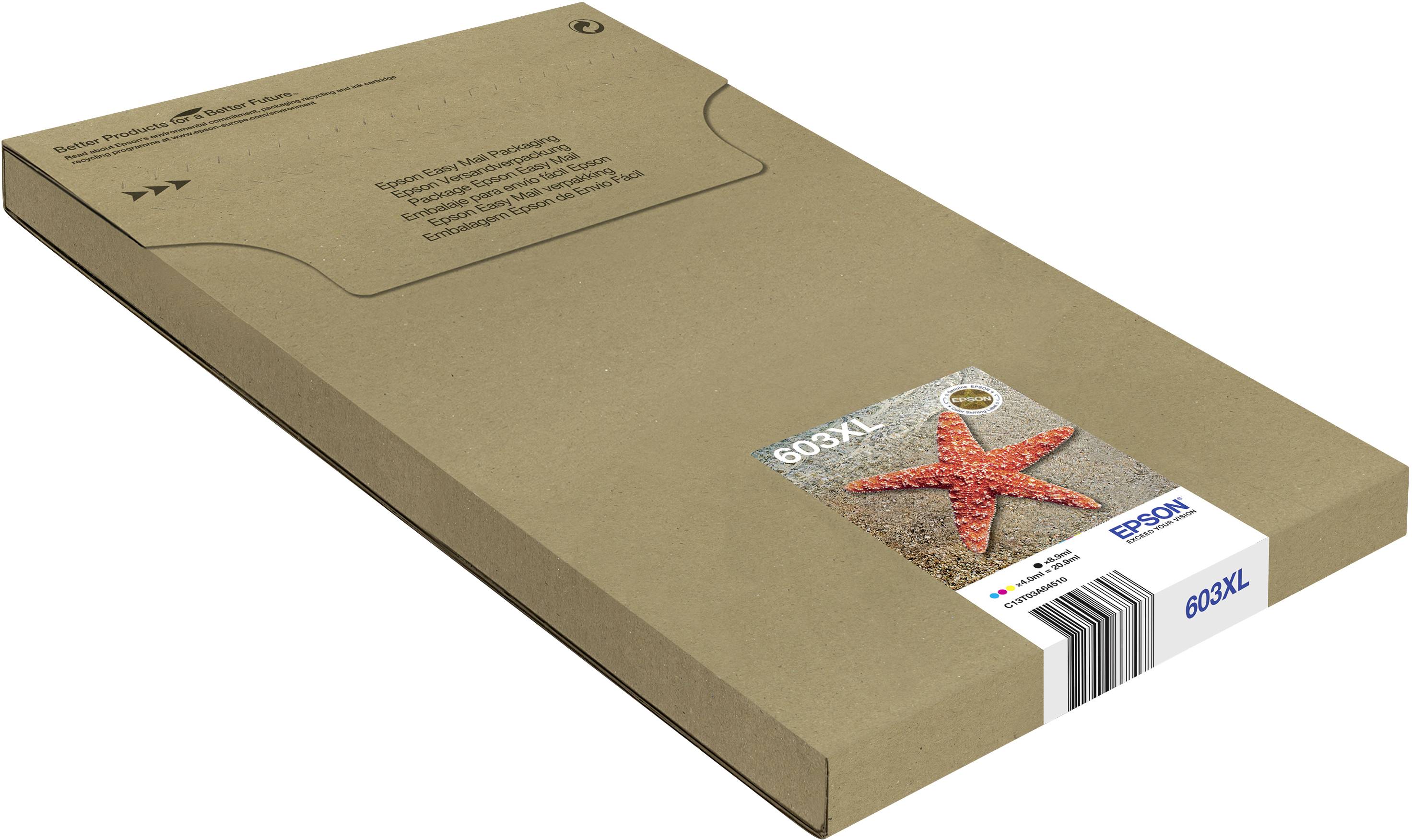 Zrównoważony karton opakowania z logo Epson i informacjami o produkcie. Zawiera wkłady atramentowe '603XL'. Nacisk na recykling.