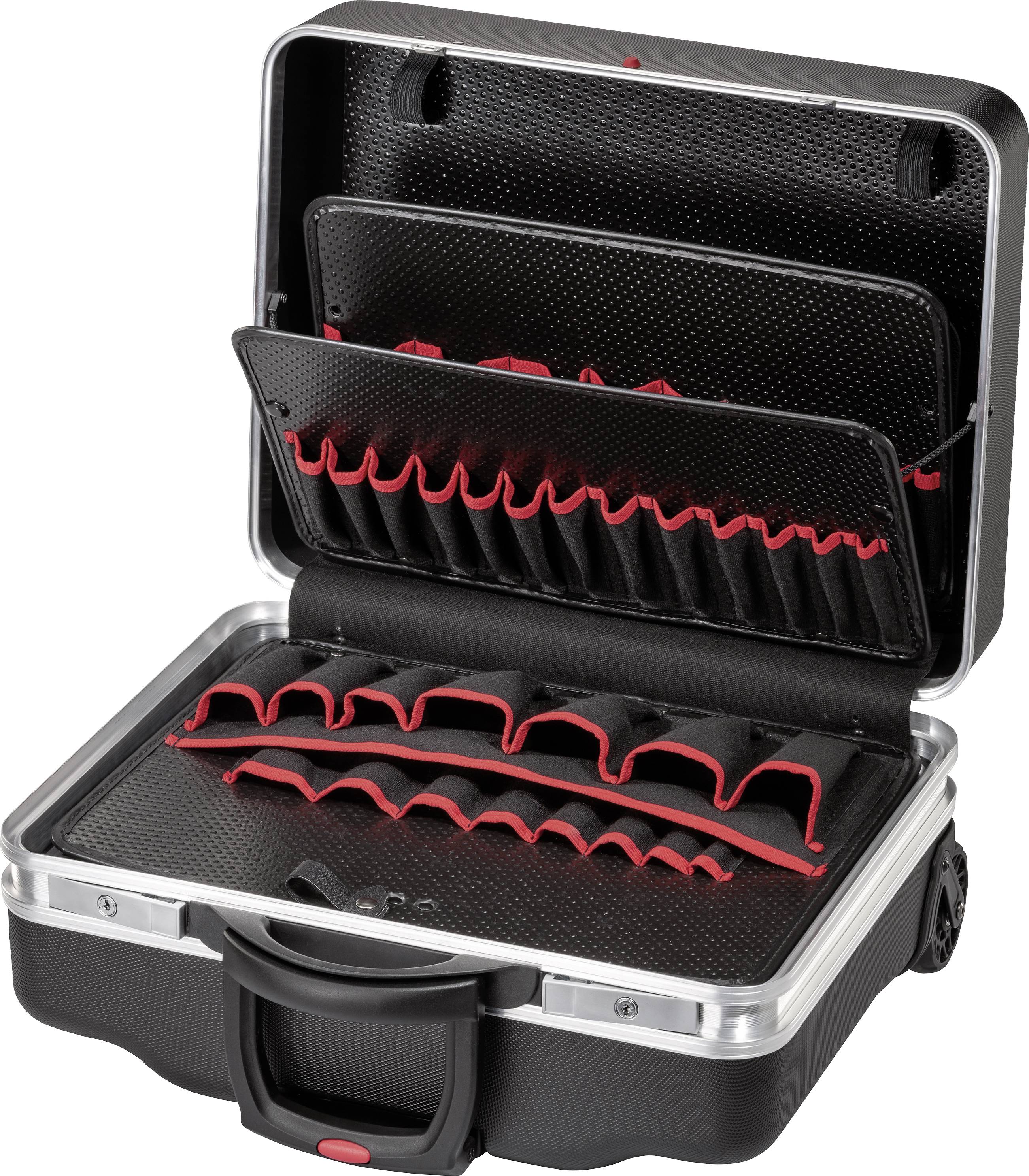 Otwarty, wytrzymały kufer transportowy z wyściełanymi przegródkami przeznaczony do przechowywania narzędzi lub sprzętu elektronicznego.