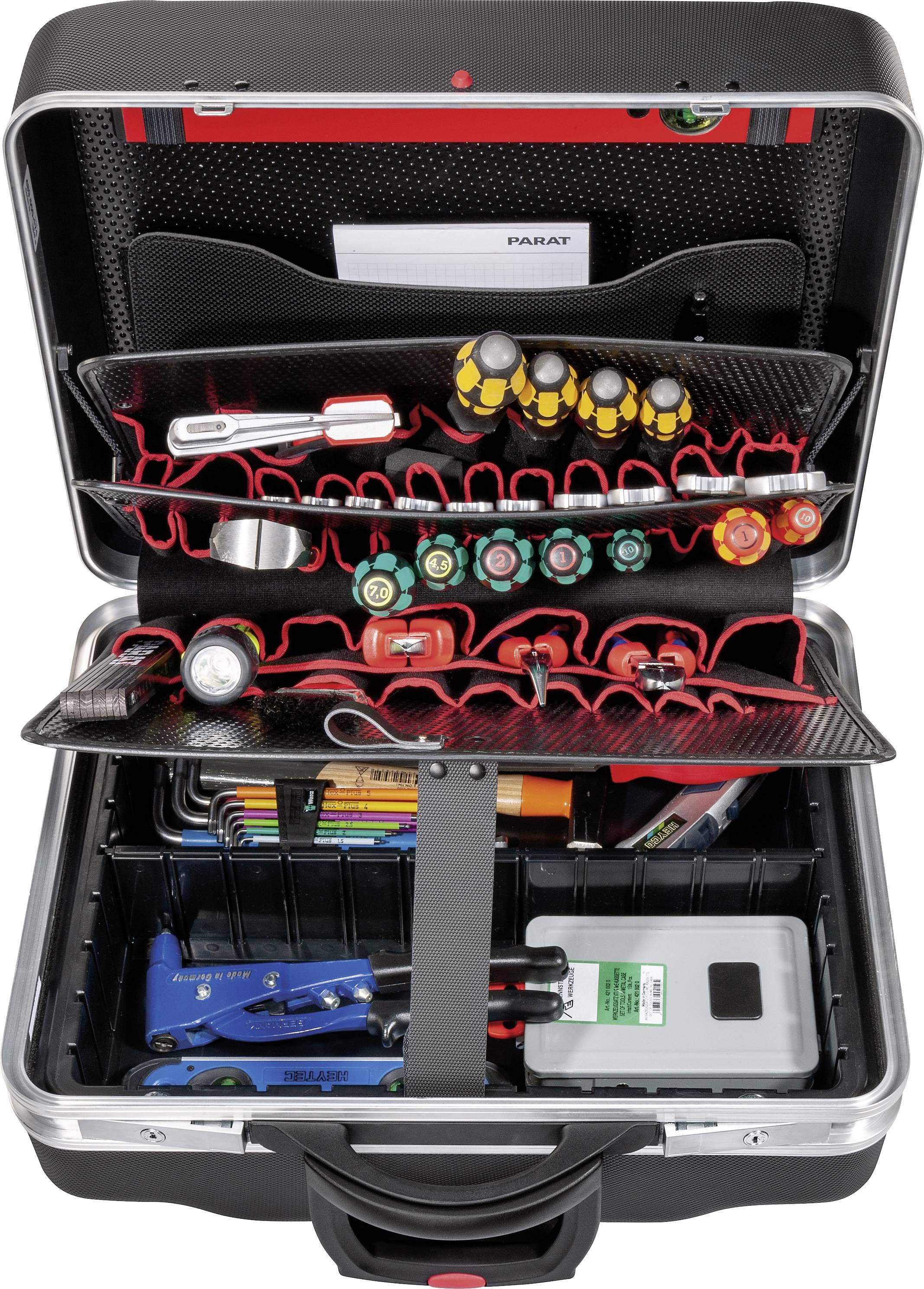 Otwarta skrzynka narzędziowa z różnymi narzędziami, takimi jak śrubokręty, szczypce i miara zwijana, ułożonymi w schludny i uporządkowany sposób.