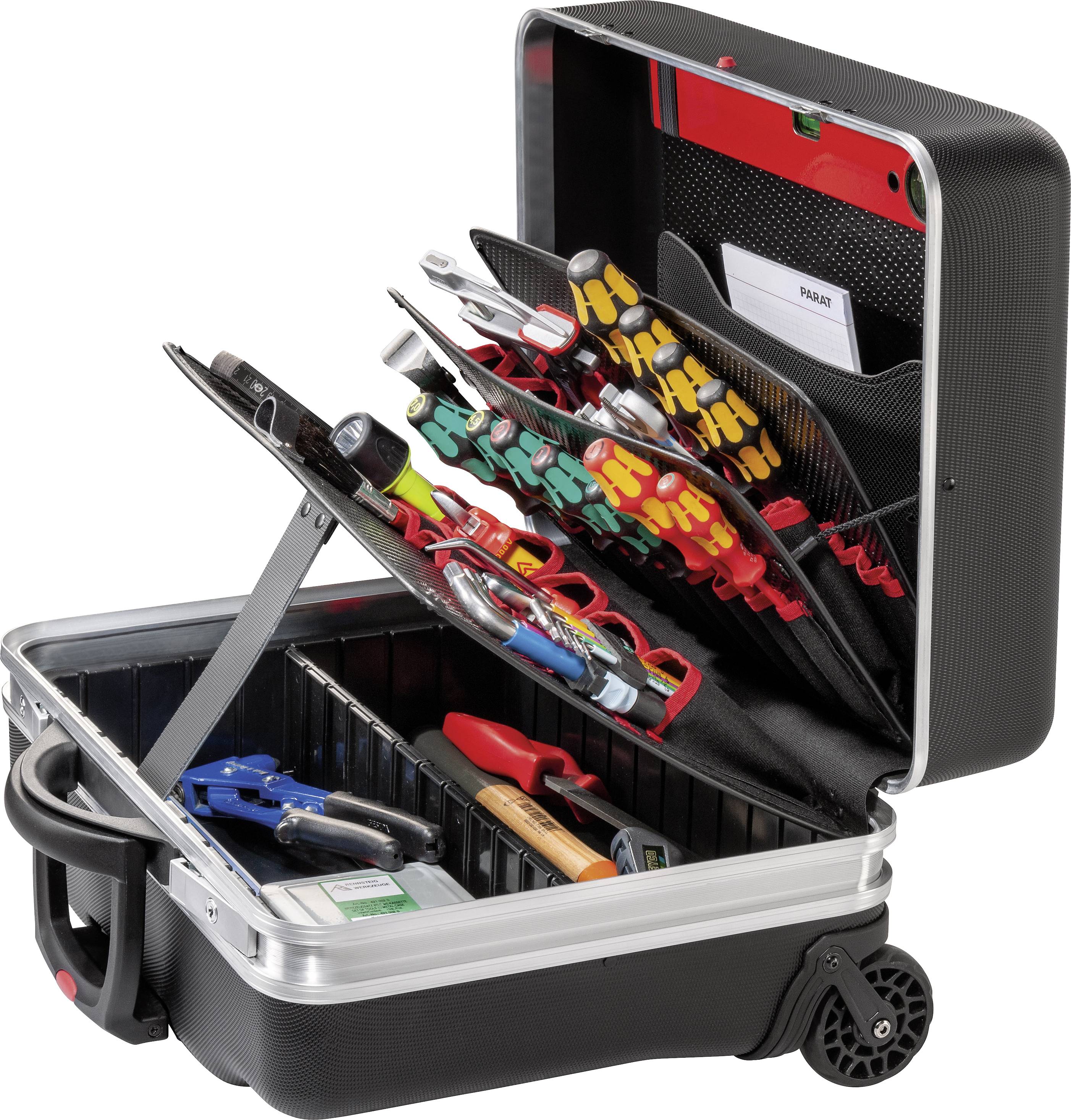 Otwarty kufer z narzędziami z różnymi narzędziami, takimi jak śrubokręty, szczypce i klucze. Zorganizowany i łatwo dostępny.