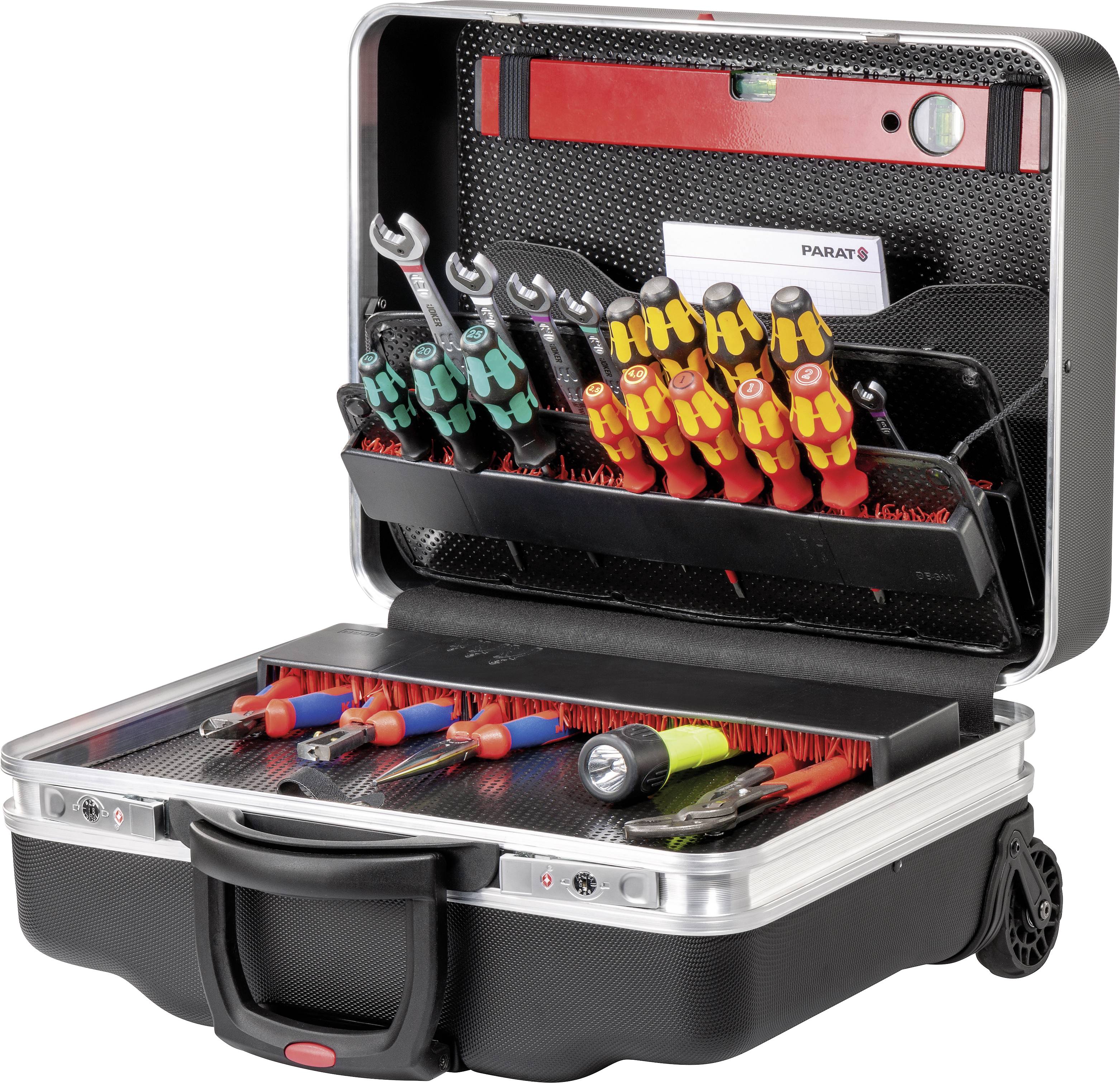 Otwarty kufer z narzędziami z różnymi śrubokrętami i szczypcami, ułożonymi w czystym, schludnym porządku. Idealny dla elektryków.