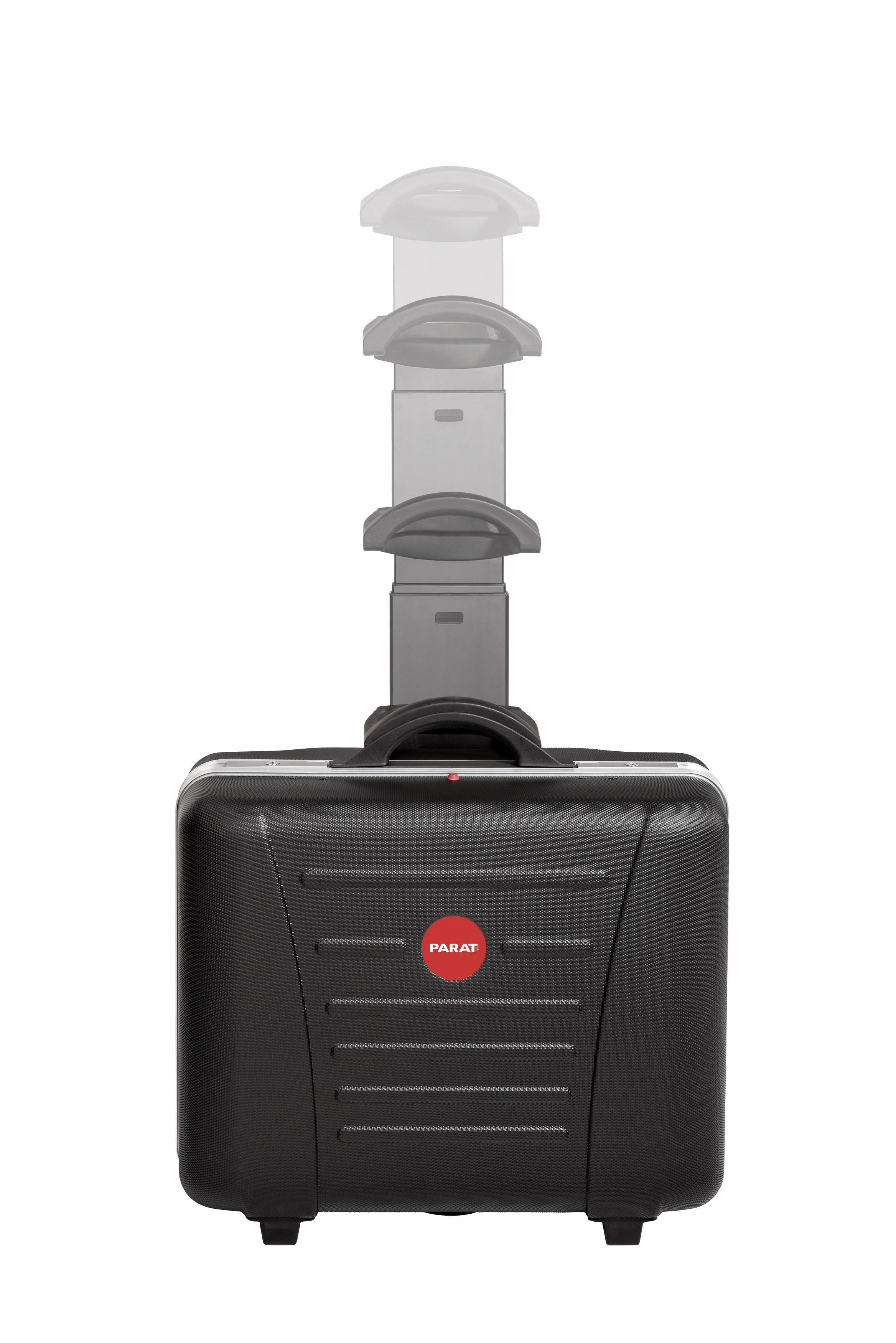 Czarny walizka na kółkach z wysuwaną rączką, odpowiednia do bezpiecznego transportu narzędzi.