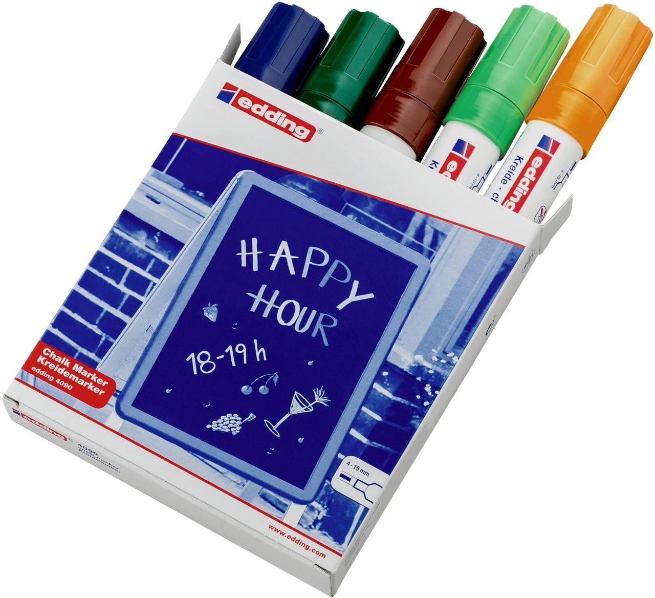 Edding 4090 4-4090099 Крейдяний маркер синій, зелений, коричневий, світло-зелений, неоново-помаранчевий 4 мм, 15 мм