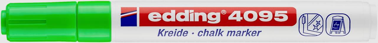 Zielony marker kredowy z napisem 'edding 4095 Kreide - chalk marker', przeznaczony do gładkich powierzchni, z zielonym zakrętką po lewej stronie.