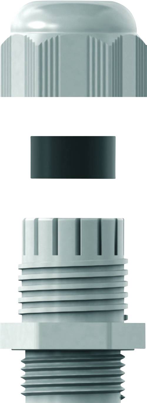 Części składowe metalowego złącza cylindrycznego, składającego się z nasadki, uszczelnienia i elementu gwintowanego, przedstawione w widoku rozstrzelonym.