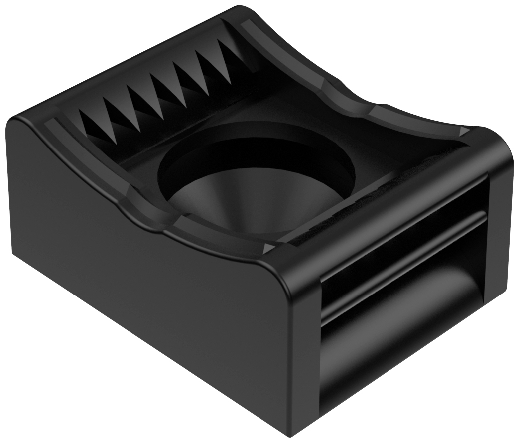 Czarna plastikowa część z okrągłym wgłębieniem i ząbkowanymi krawędziami, prawdopodobnie uchwyt lub element łączący do urządzeń technicznych.