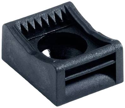 Czarna, prostokątna plastikowa część o ząbkowanych krawędziach i okrągłym otworze pośrodku, używana do mocowania kabli.