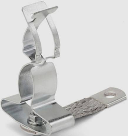 Srebrny metalowy element zaciskowy z plecionym drutem na końcu, prawdopodobnie przeznaczony do celów elektrycznych lub mechanicznych.