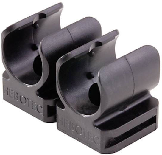 Dwie czarne, cylindryczne uchwyty z tworzywa sztucznego z nadrukiem 'HEBOTEC', ułożone obok siebie na białym tle.