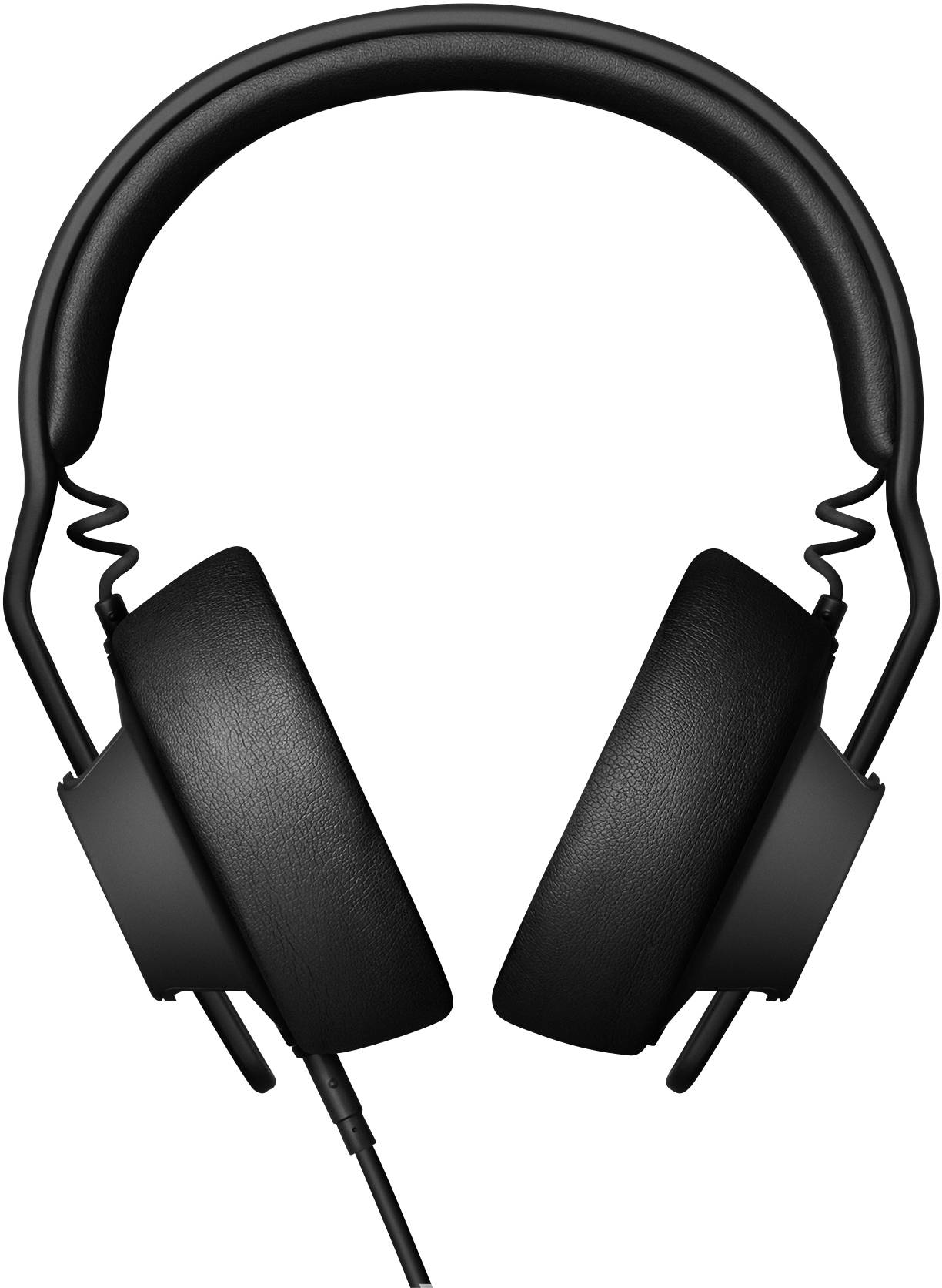 Czarne słuchawki z wyściełanym pałąkiem i nausznikami, sfotografowane od przodu, idealne do słuchania muzyki lub prowadzenia wideokonferencji.