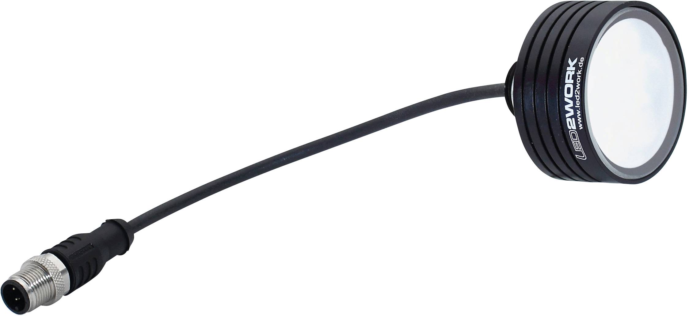 Czarna lampa LED z długim przewodem i wtyczką, odpowiednia do przemysłowych środowisk pracy. Obudowa lampy cylindryczna z napisem.