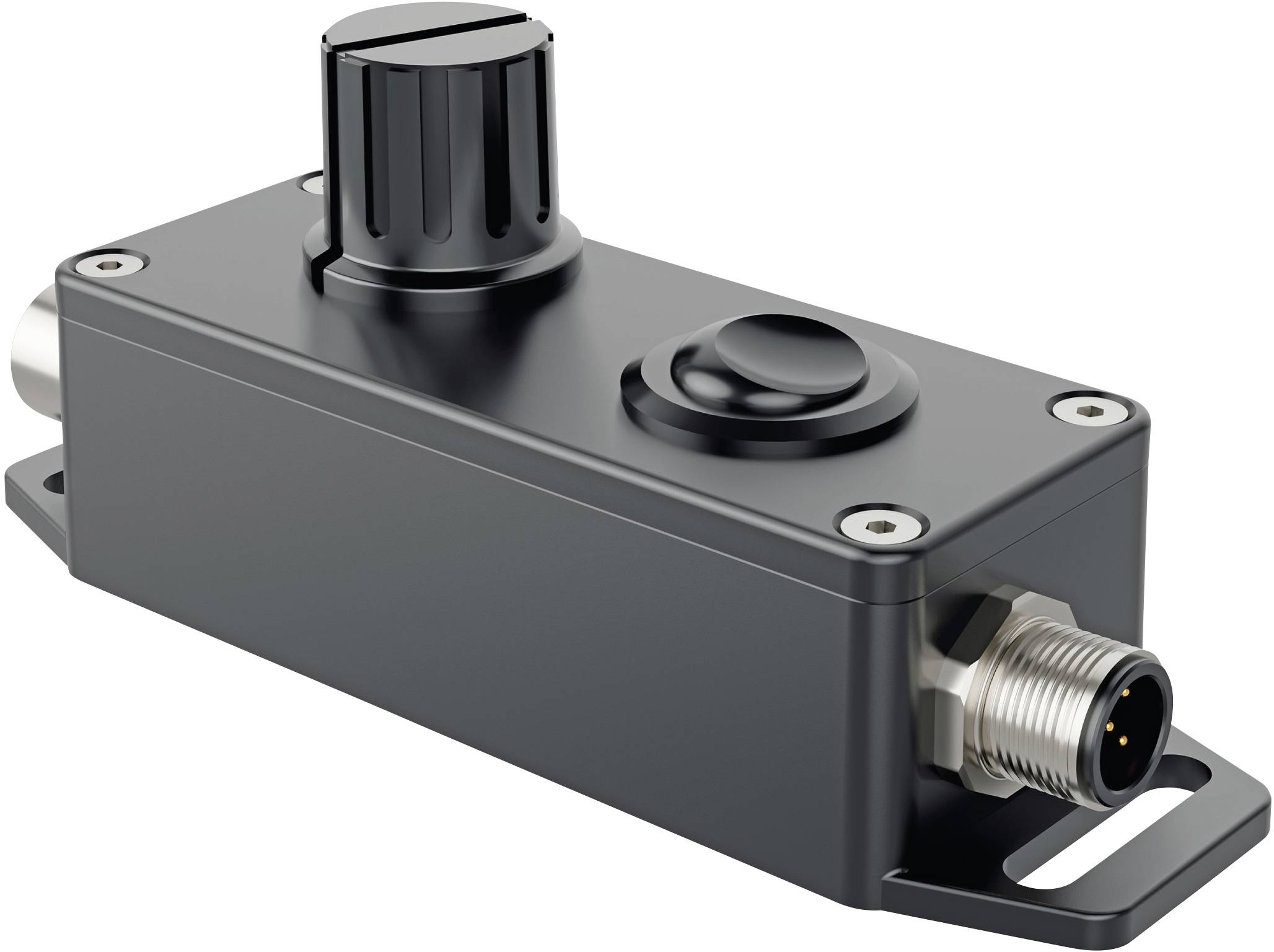 Czarny element konstrukcyjny z pokrętłem i złączem, prawdopodobnie urządzenie elektroniczne służące do regulacji ustawień lub parametrów.