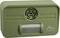 Zielony ultradźwiękowy odstraszacz zwierząt z głośnikiem i czujnikiem pośrodku. Nazwa marki wydrukowana w prawym dolnym rogu.