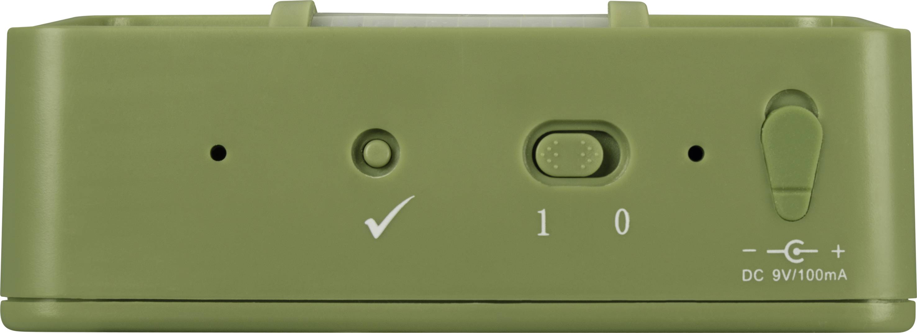 Zielony elektroniczny przełącznik z diodą kontrolną i ustawieniem włącz/wyłącz. Obecny symbol zasilania prądem stałym 9V/100mA.