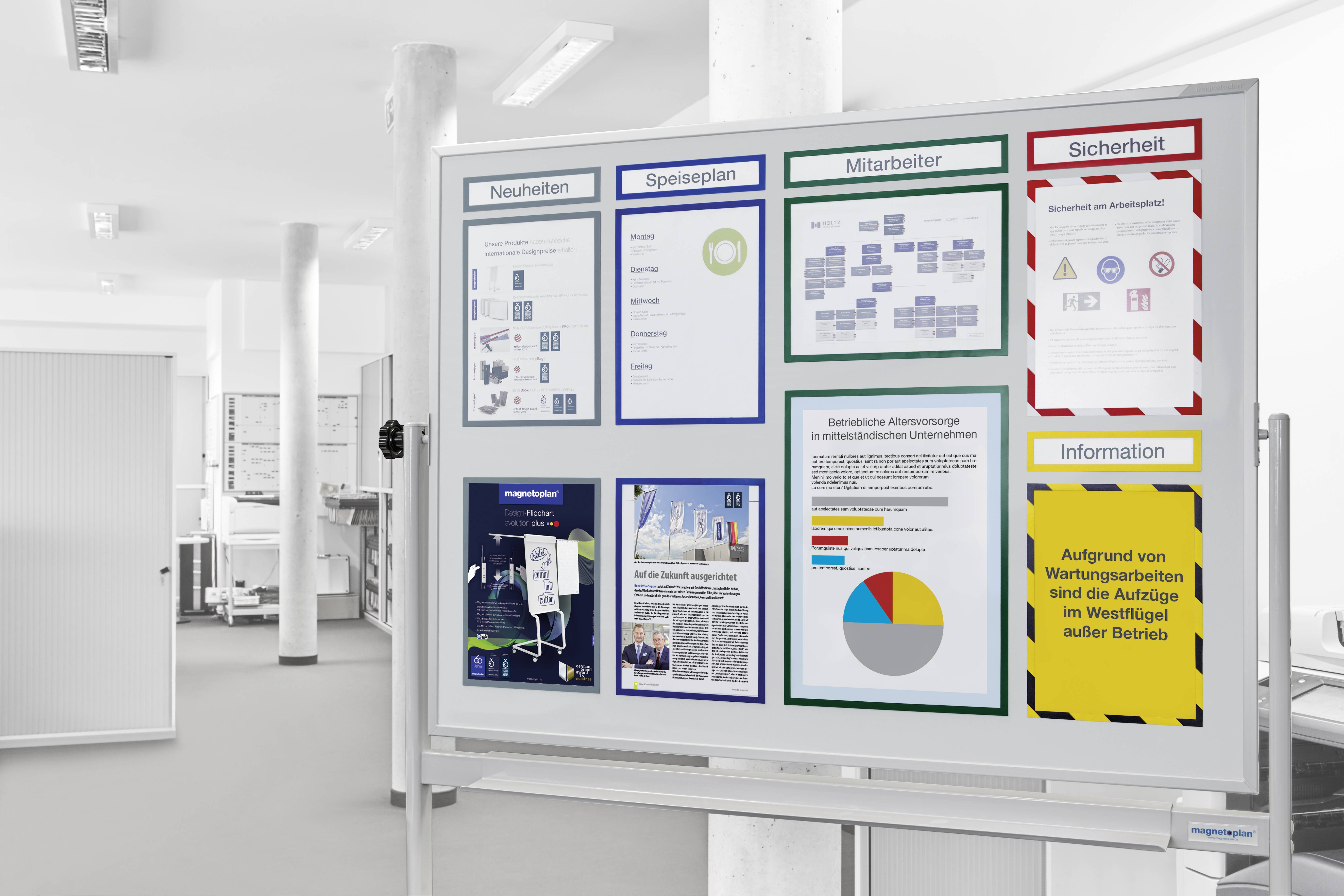 Tablica informacyjna z kategoriami: 'Nowości', 'Menu', 'Pracownicy', 'Bezpieczeństwo', 'Informacje'. Żółta uwaga: Winda zamknięta.