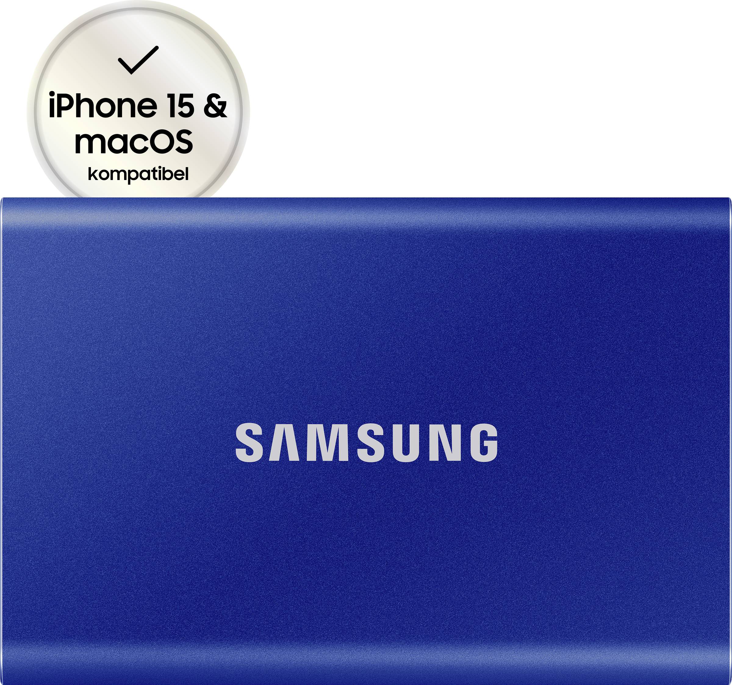 Zewnętrzny niebieski dysk twardy z logo 'Samsung' i informacją 'Kompatybilny z iPhone 15 i macOS'.
