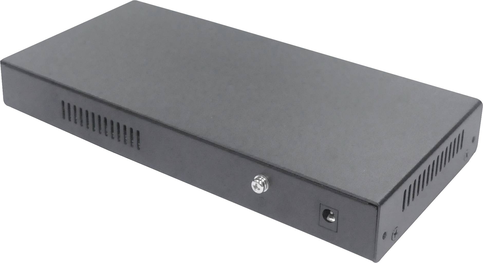 Czarny, prostokątny serwer sieciowy z otworami wentylacyjnymi po bokach i gniazdem zasilającym z tyłu.