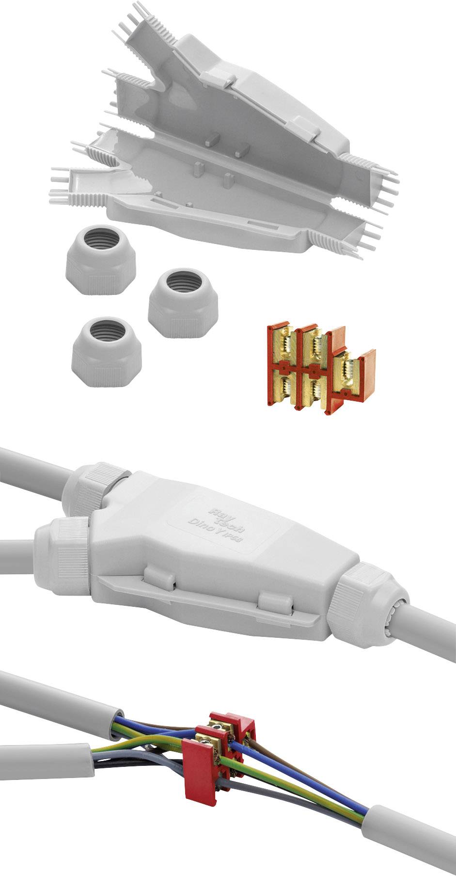 Elektryczne komponenty połączeniowe, w tym zaciski i osłony ochronne, do bezpiecznego okablowania w instalacjach technicznych.