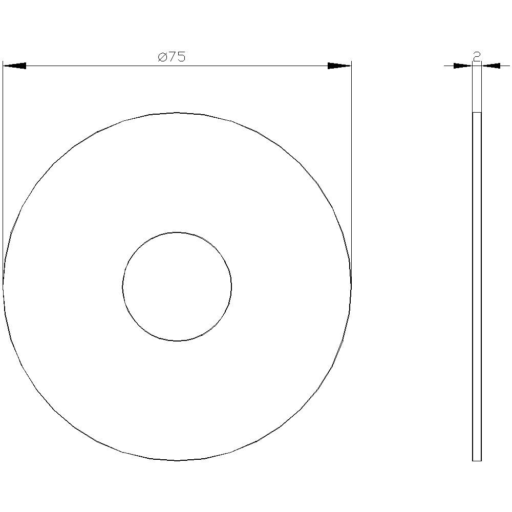 Rysunek techniczny tarczy o średnicy 75 mm, grubości 2 mm. Widok z góry i z boku.