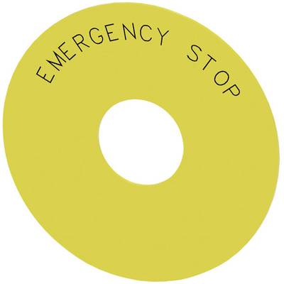 Żółty okrąg z tekstem 'EMERGENCY STOP' na górze. Symbolizuje funkcję awaryjnego zatrzymania, powszechnie stosowaną w maszynach do natychmiastowego wyłączenia.