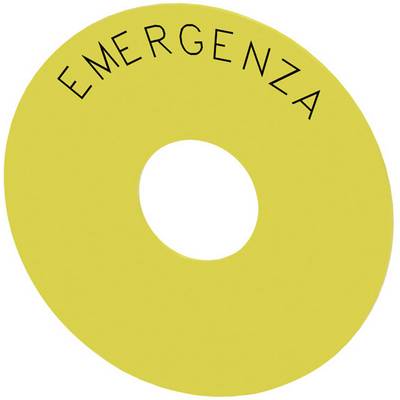 Żółta owalna grafika z otworem pośrodku, u góry napis 'EMERGENZA' wielkimi czarnymi literami.