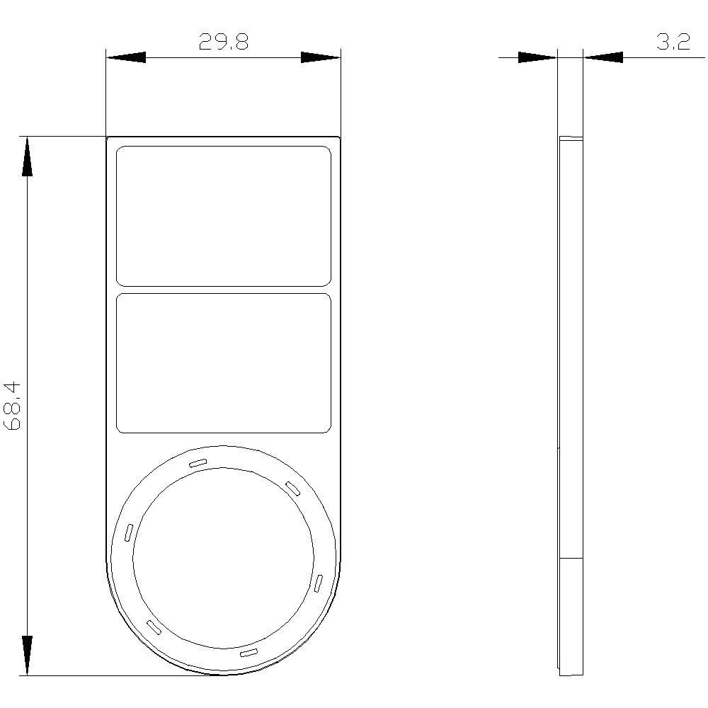 Schemat pilota zdalnego sterowania z przyciskami i pokrętłem. Wymiary: 68,4 x 29,8 x 3,2 mm. Przedstawiono widok z przodu i z boku.
