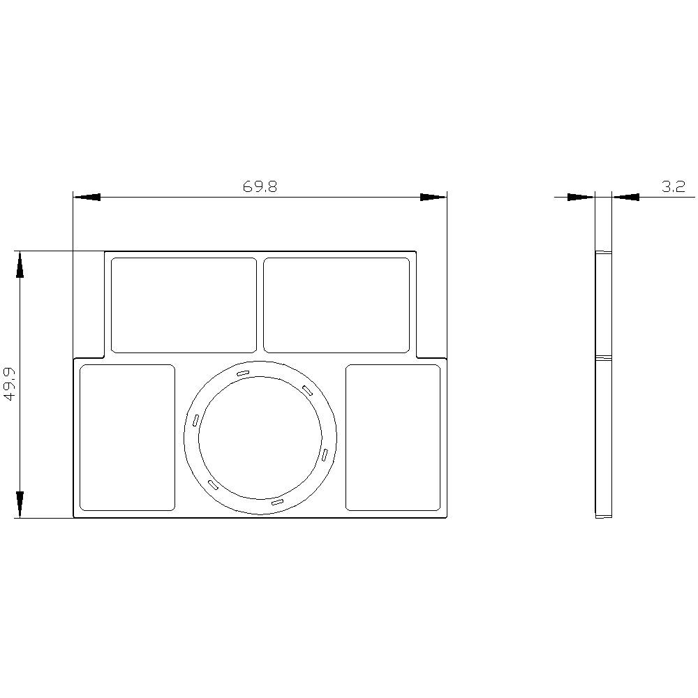 Rysunek techniczny prostokątnego obiektu z wymiarami: 69,8 mm szerokości, 49,9 mm wysokości, 3,2 mm głębokości. Elementy okrągłe i prostokątne.