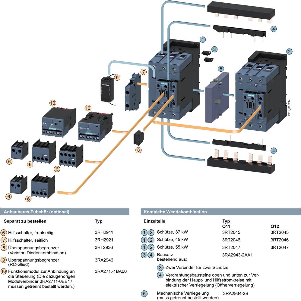 Diagram przedstawia styki elektryczne i styczniki do przełączania kierunku jazdy z opcjonalnym wyposażeniem dodatkowym. Zawiera numery typów i przykłady podłączeń.