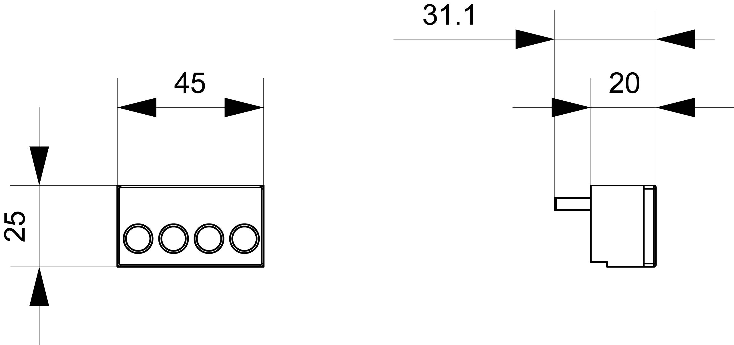Rysunek techniczny złącza z czterema otworami. Wymiary: długość 45 mm, szerokość 25 mm, całkowita szerokość 31,1 mm wraz z wtyczką, wysokość wtyczki 20 mm.